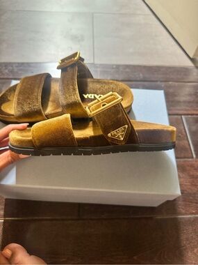 Prada Brown Velvet Slide Sandals with Gold Buckle